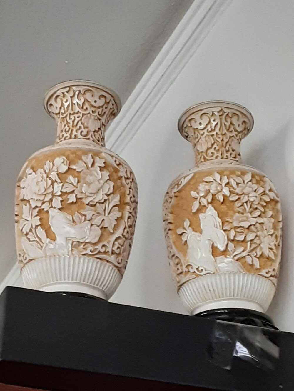 Cream and Tan Embossed Floral Vase Pair - Elegant Home Accent